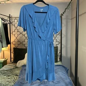 Blue wrap dress with flutter sleeves
